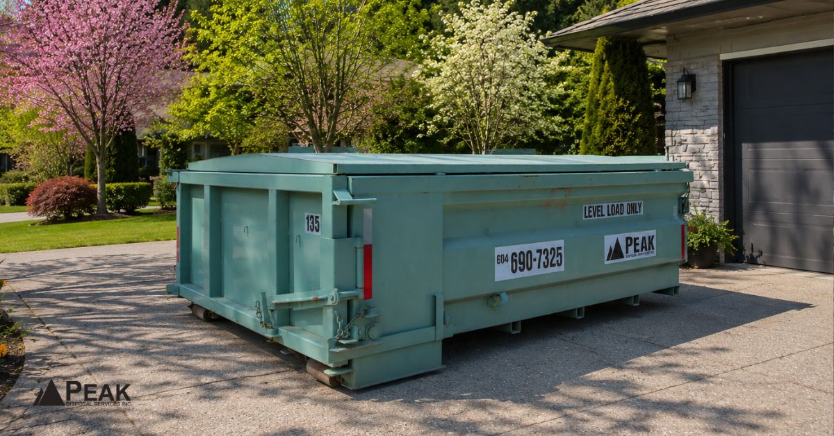 Mini disposal bin placed in residential driveway supporting convenient waste removal with minimal neighborhood obstruction and disruption.