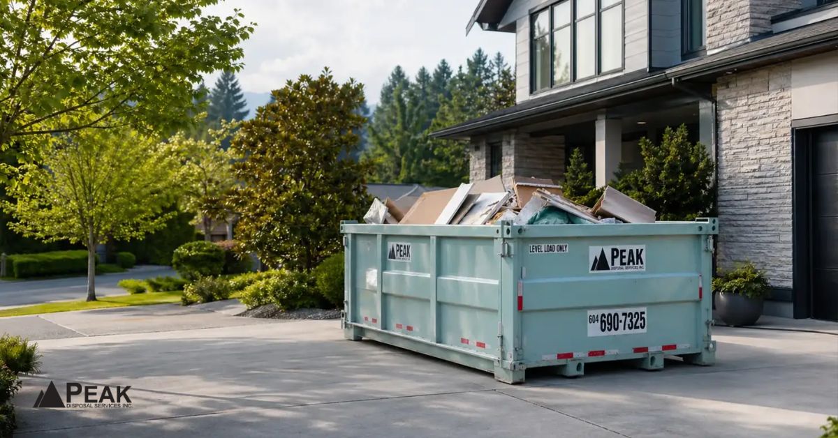 Residential dumpster bin supporting large garage cleanup and organized removal of bulky household waste and accumulated clutter.