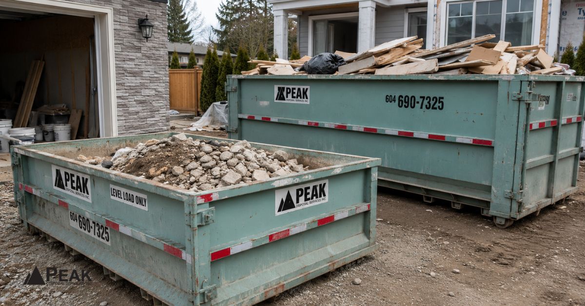 Peak Disposal 10-yard dumpster with heavy concrete debris beside larger renovation bin filled with bulky construction waste.