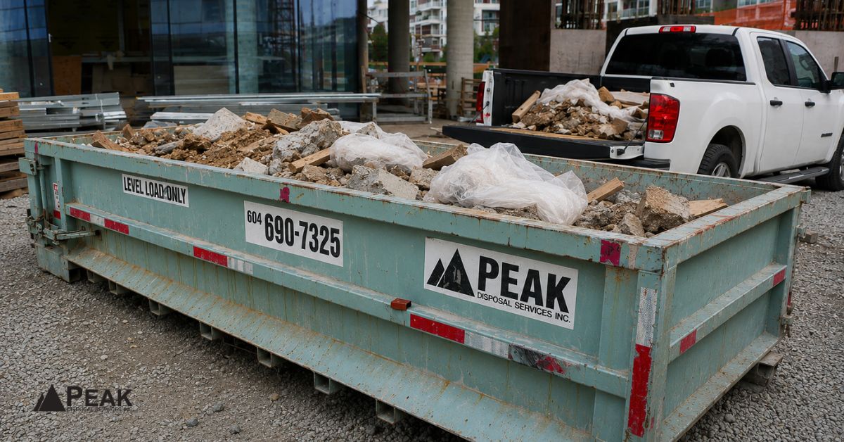 Weathered Peak dumpster filled with construction debris beside a loaded pickup truck at an active building site.
