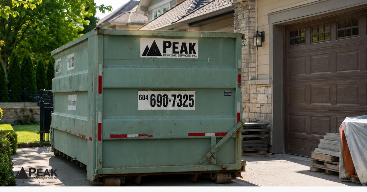 Large green Peak Disposal dumpster placed in a residential driveway, highlighting space and placement considerations for dumpster rental