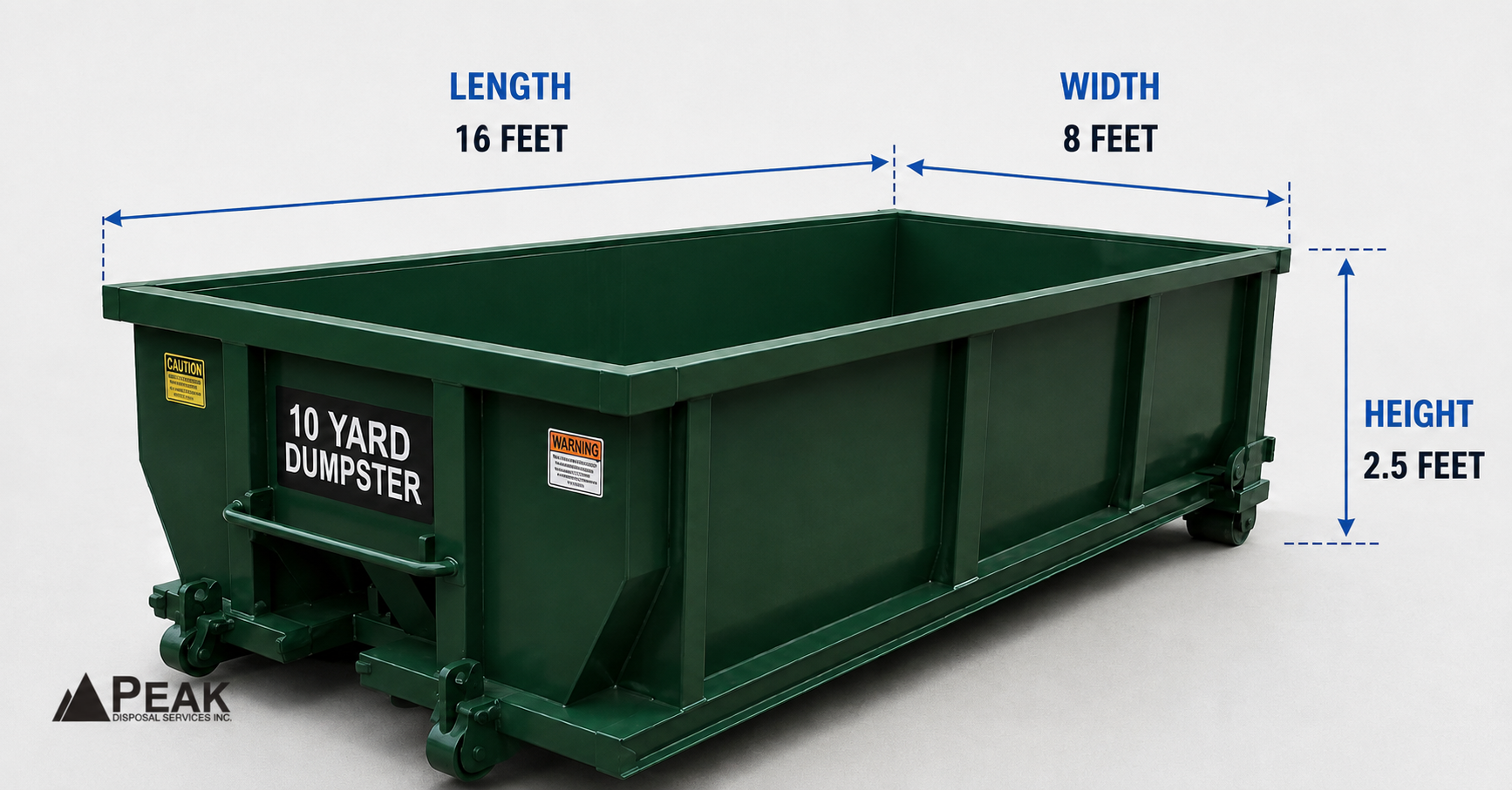 A dipiction of the dimensions of a 10-yard dumpster