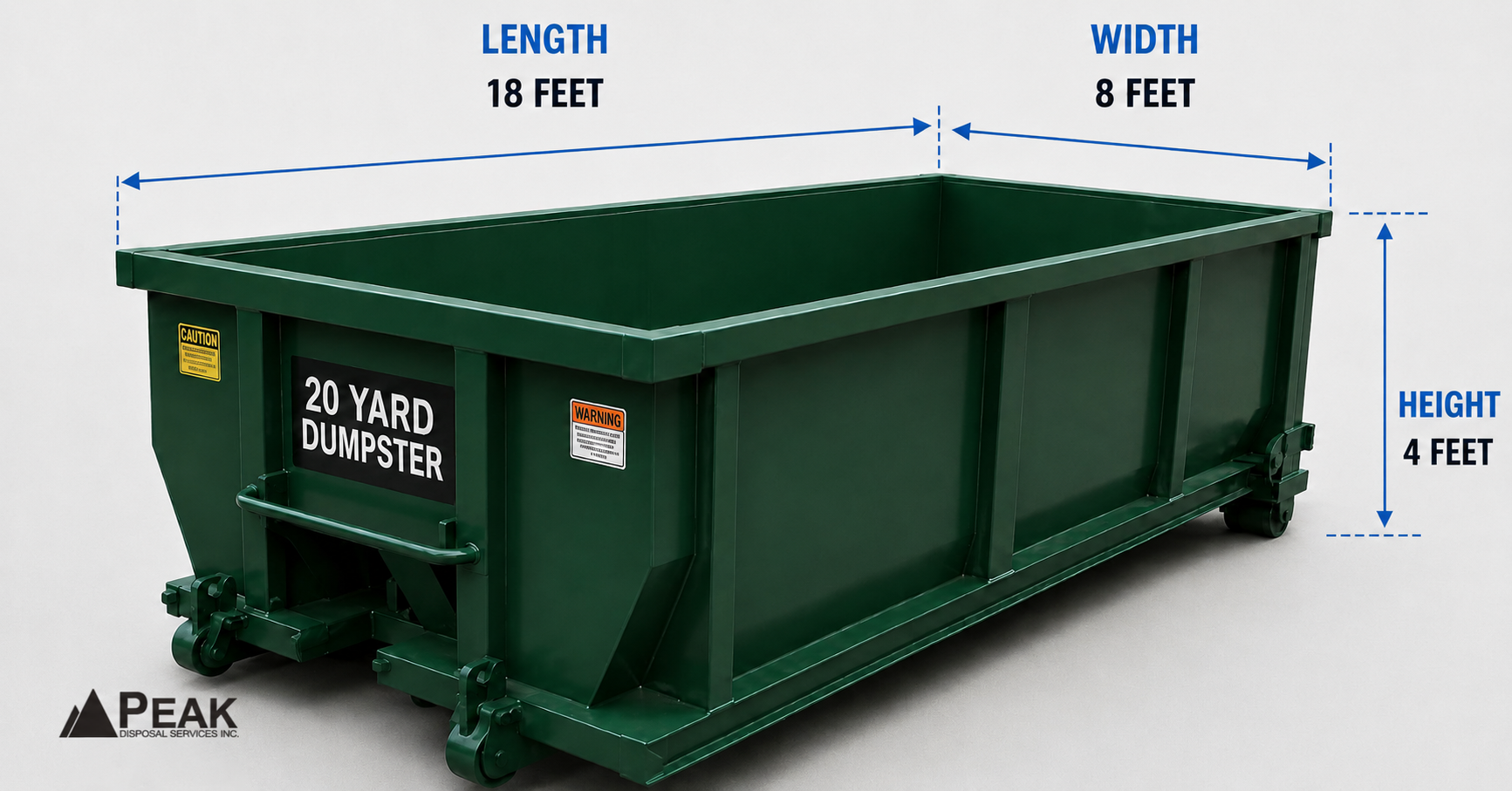 20-yard dumpster dimensions showing 18-foot length, 8-foot width, 4-foot height, capacity