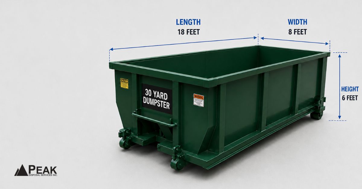 30-yard dumpster dimensions showing an 18-foot length, 8-foot width, and 6-foot height