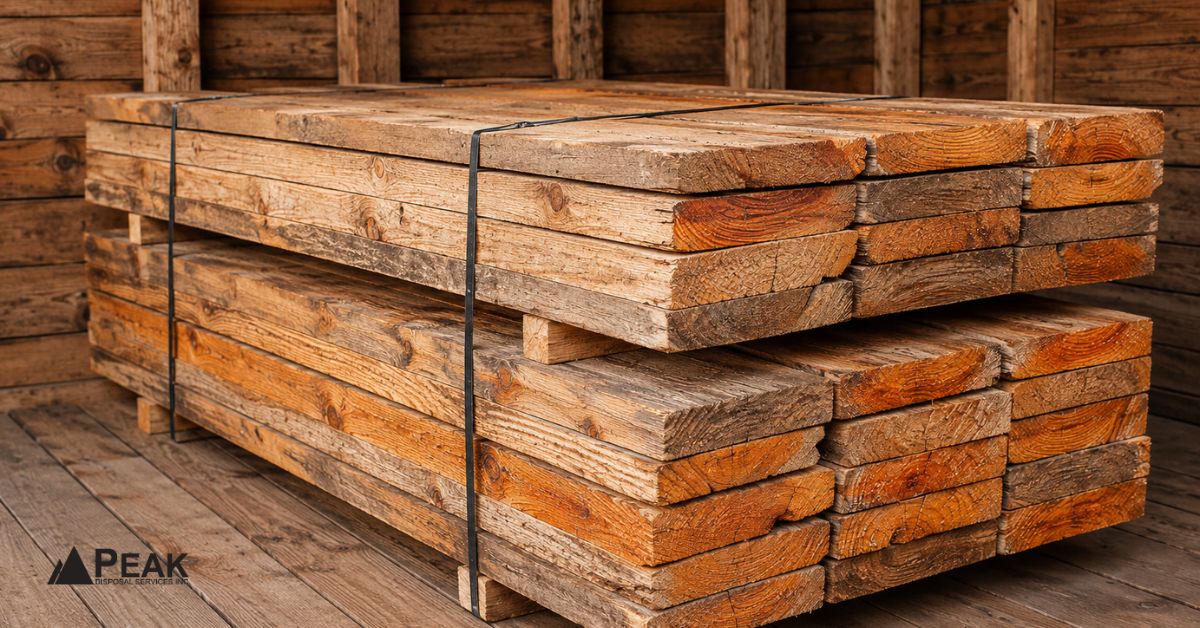 Stacked untreated lumber boards showing natural wood grain commonly recycled from construction
