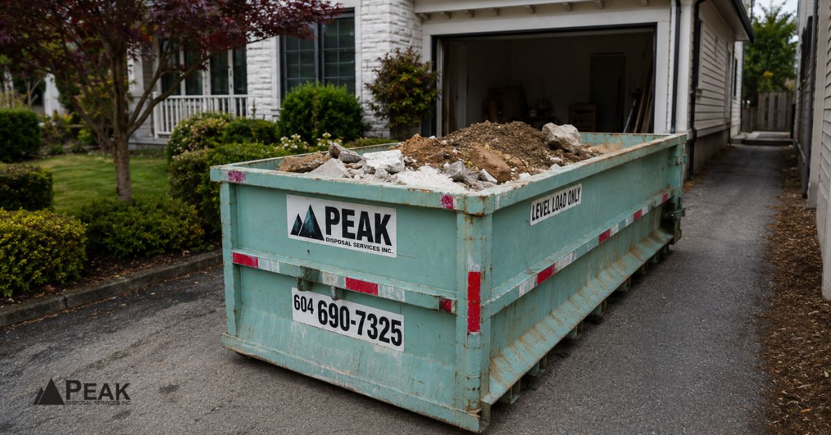 Peak dumpster filled with concrete, soil, and renovation debris sits in a narrow residential driveway beside garage.