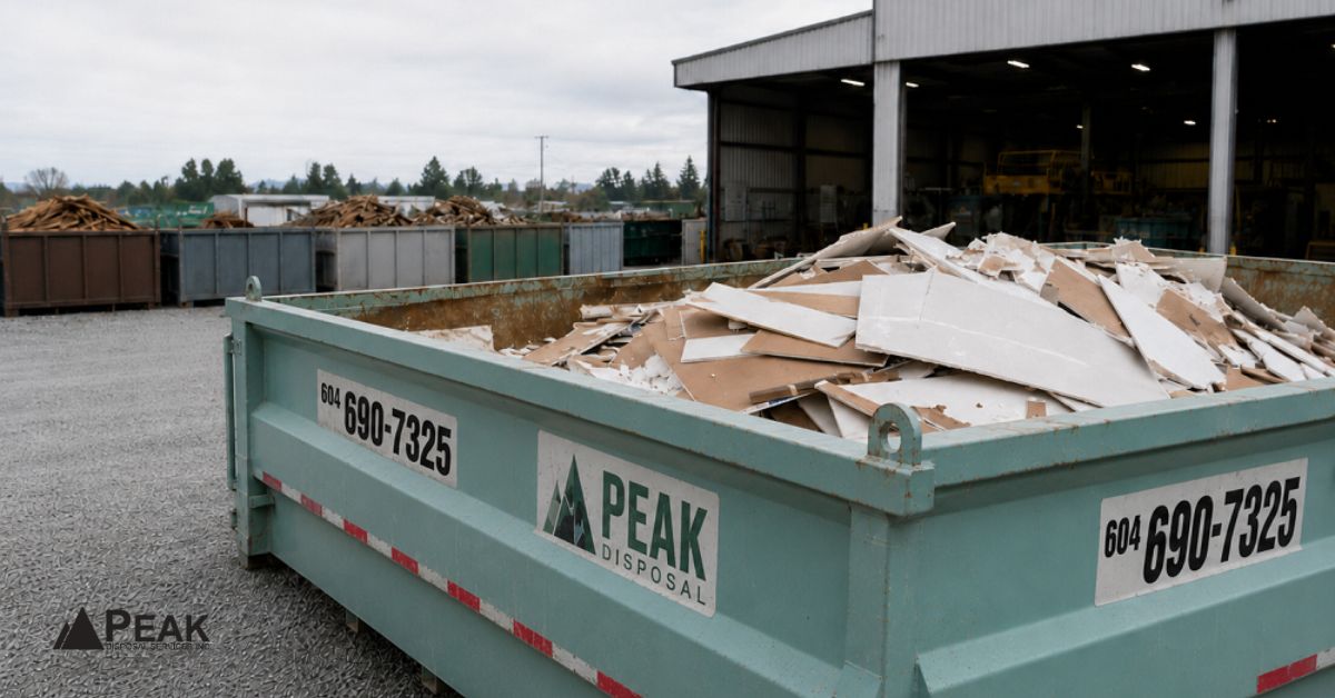 Large teal PEAK DISPOSAL dumpster filled with clean scrap drywall pieces, kept separate for gypsum recycling at a waste facility.