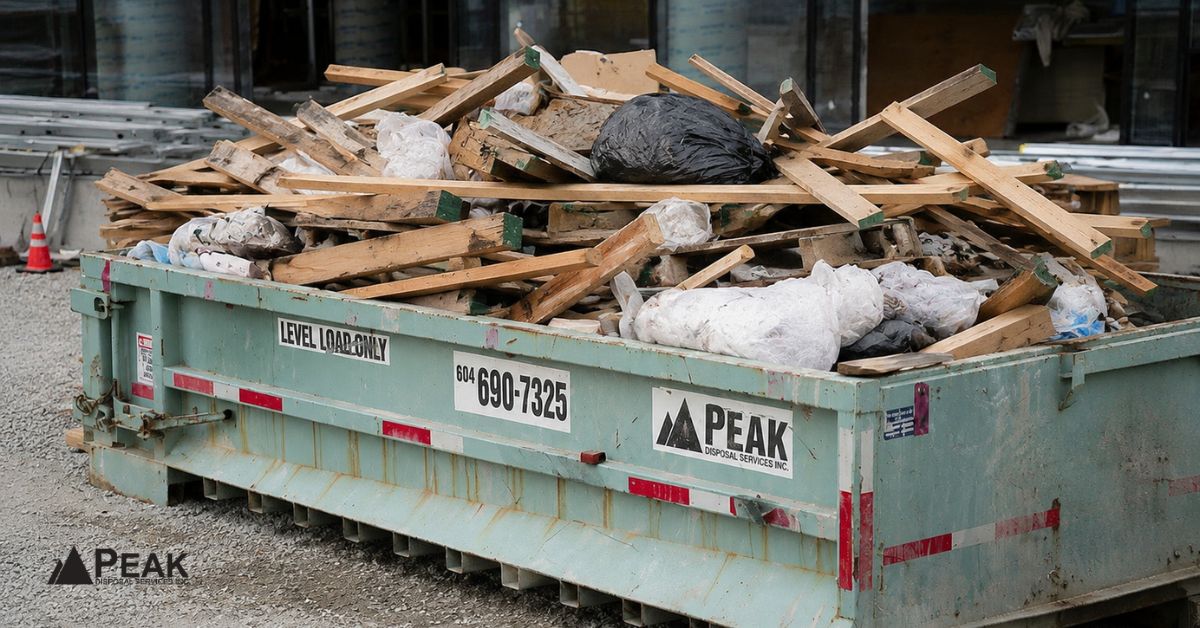 Overfilled wood waste dumpster with mixed lumber and debris creating potential construction site safety and cleanup hazards.