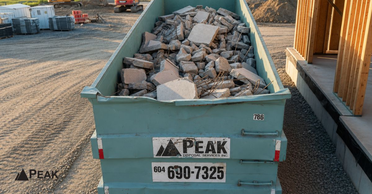 Teal dumpster full of concrete rubble at construction site illustrates choosing right dumpster for dense heavy materials.
