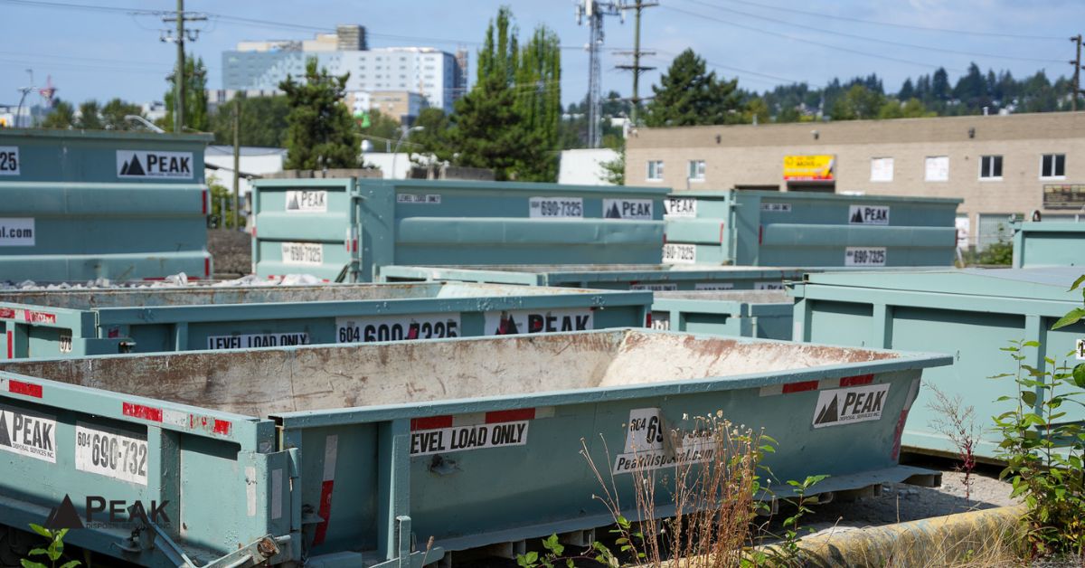 Multiple roll-off dumpsters arranged outdoors at disposal yard, illustrating various bin sizes available for construction and cleanup projects.