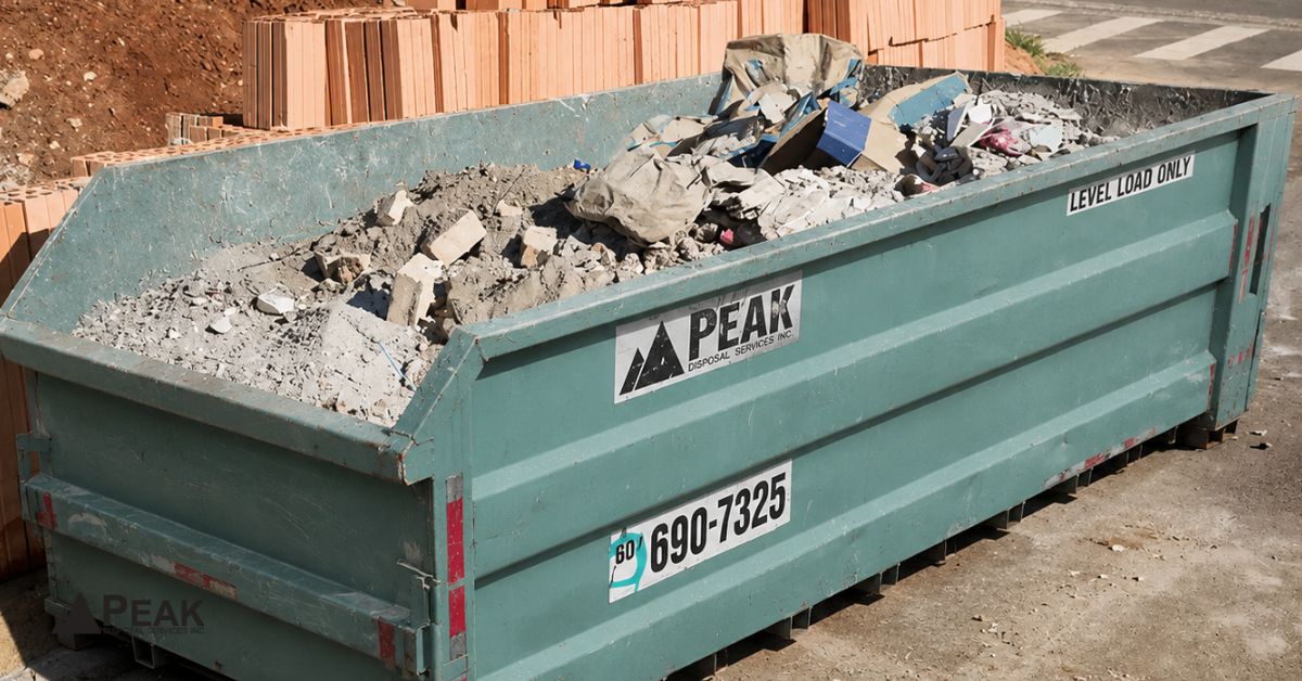 Teal dumpster loaded with concrete debris at site shows if concrete disposal is right for your project.