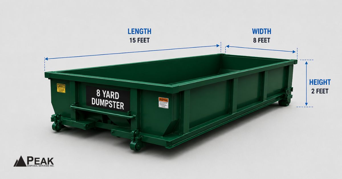 Green 8-yard dumpster displaying 15-foot length, 8-foot width, and 2-foot height with labeled dimension arrows and measurements.
