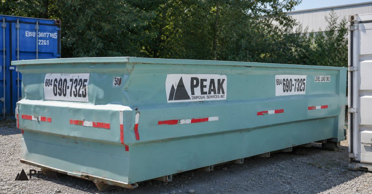 Realistic PEAK Disposal Services dumpster in outdoor yard, illustrating large-capacity waste container for major construction and cleanup projects.