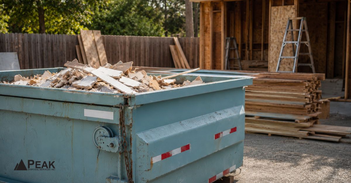 Teal dumpster filled with renovation debris outside a framed construction site with lumber, ladders, and trees.