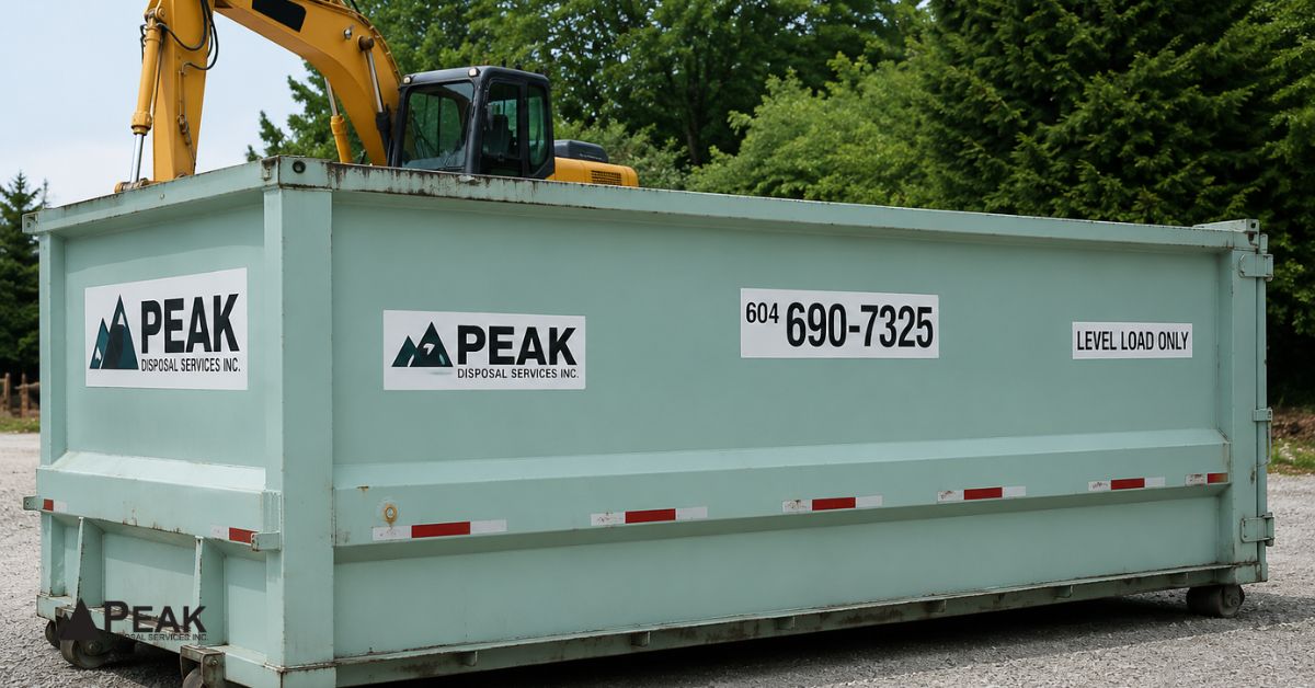 Large PEAK Disposal dumpster beside excavator on gravel lot, suitable for smaller construction debris projects.