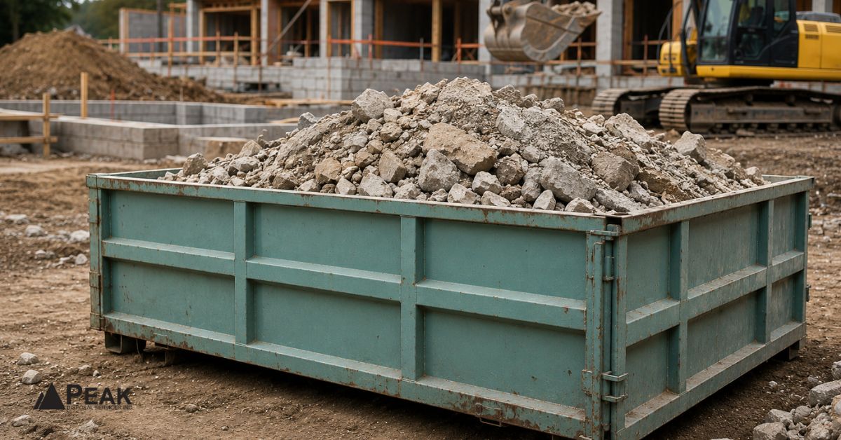 Heavy materials fill low-profile construction dumpster beside excavator at active building site illustrating dense debris disposal safely.