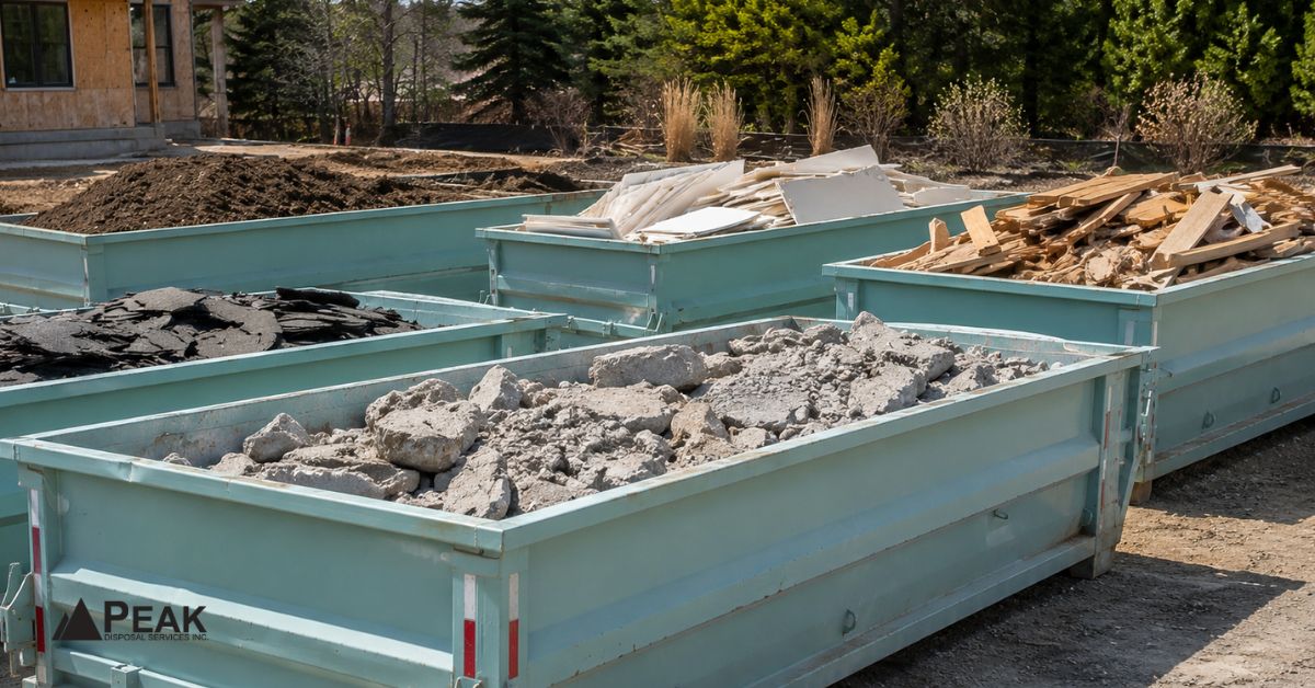 Dedicated construction bins separate concrete, drywall, wood, roofing debris, and soil at a renovation site outdoors.