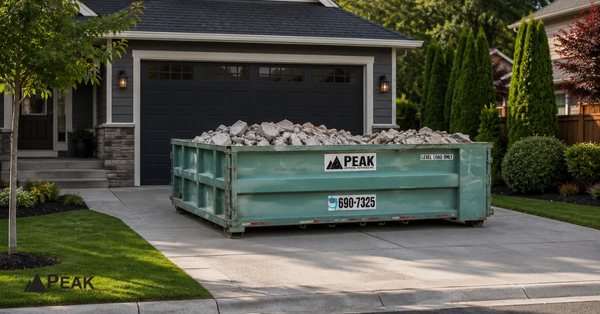 8-yard dumpster sits on residential driveway, demonstrating compact size, easy placement, and convenient access for home renovation debris projects.