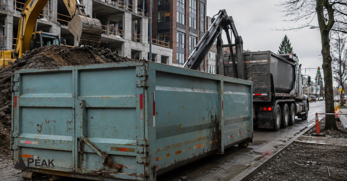 Weathered construction dumpster sits beside soil piles and hauling truck at an active urban excavation site.