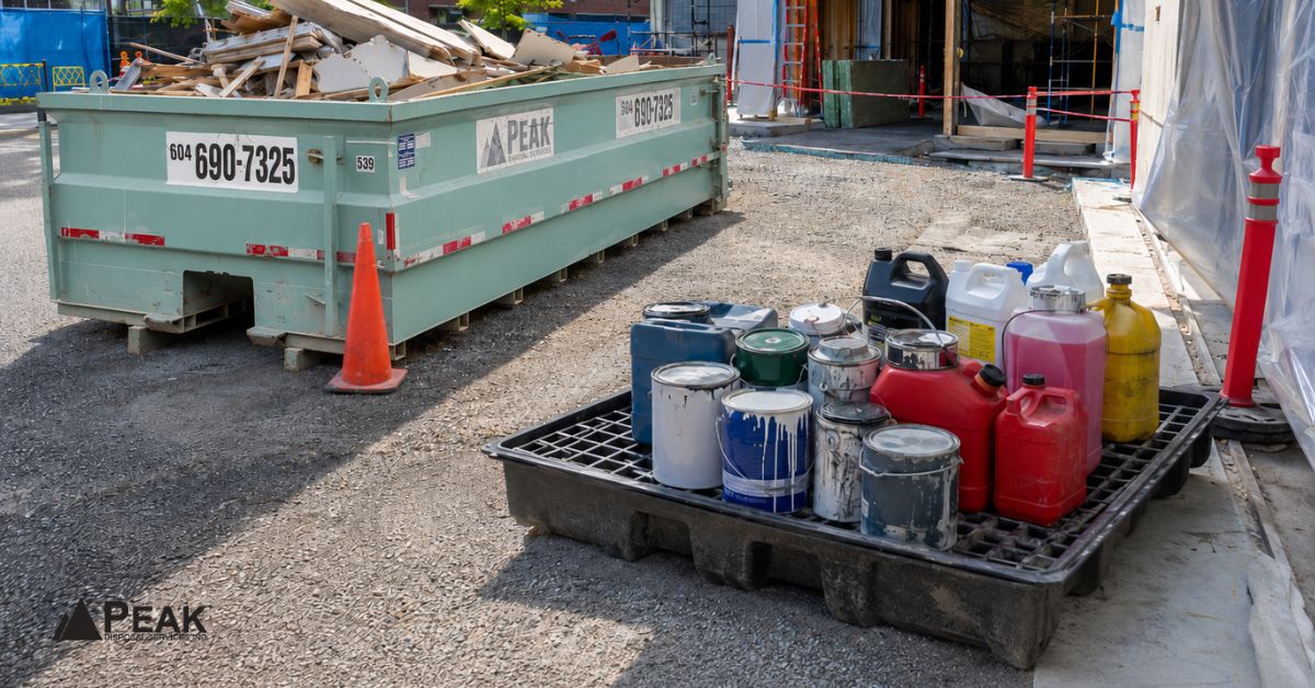 Construction dumpster with debris sits beside properly contained liquid materials at an active renovation site.
