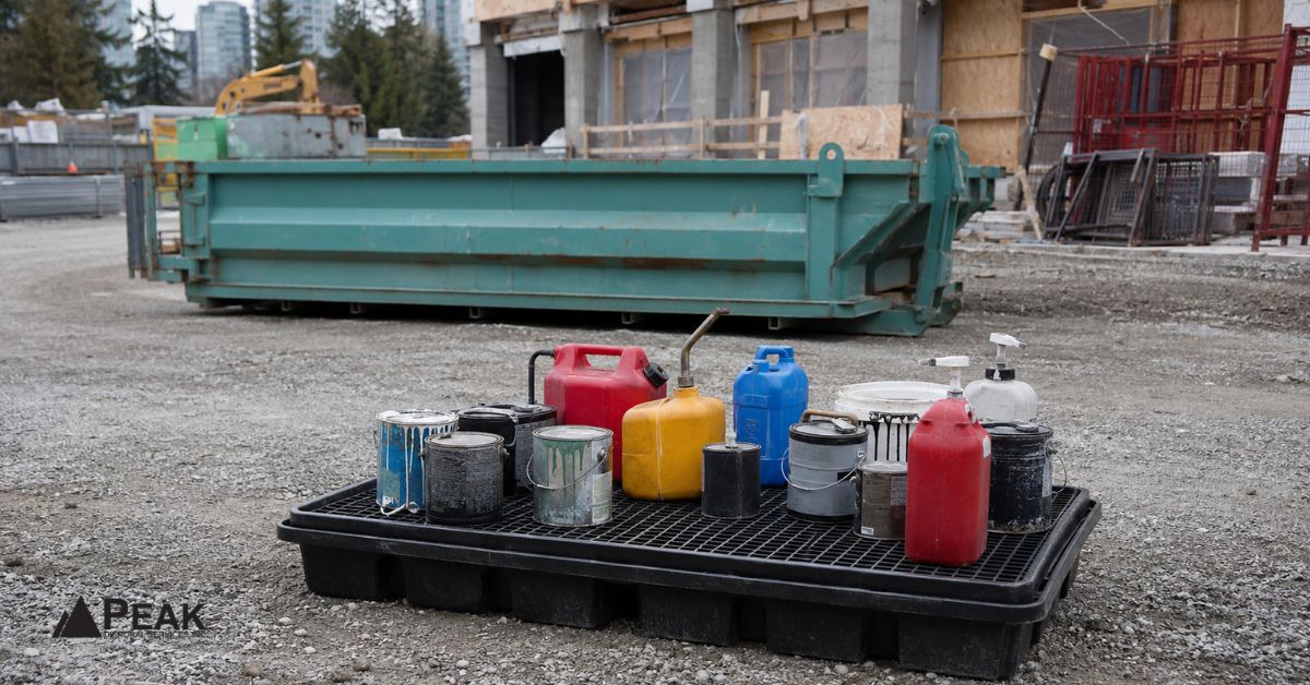 Liquid containers sit on a spill tray beside a construction dumpster, awaiting proper disposal and handling.