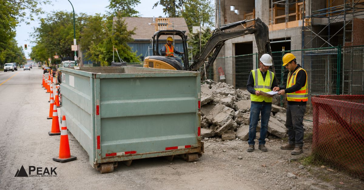 Contractors review demolition plans beside a concrete dumpster, excavator, and separated rubble at a construction site.