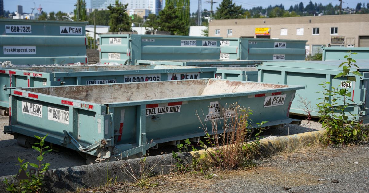 Peak Disposal roll-off bins await excavation projects, helping contractors coordinate heavy-material disposal and hauling needs efficiently.