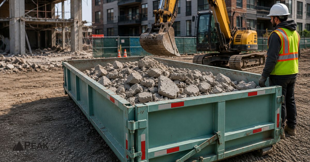Worker supervises excavator loading concrete evenly below a low-profile dumpster’s walls at an active urban construction site.