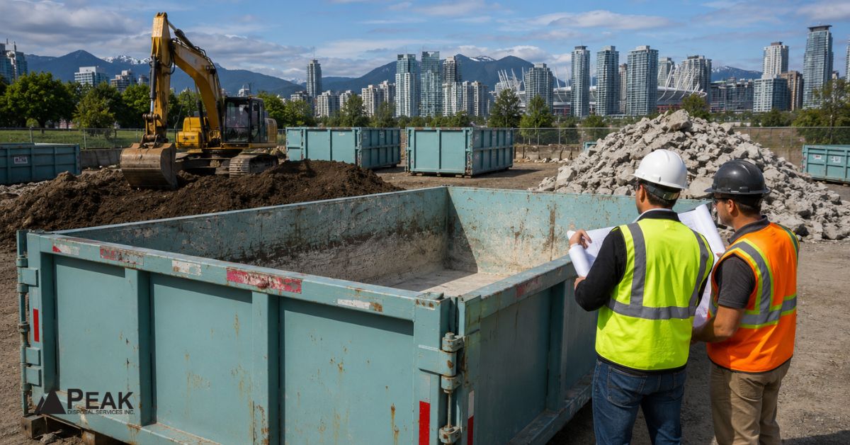 Workers review soil relocation plans beside an empty construction dumpster, excavator, rubble, and Vancouver skyline.