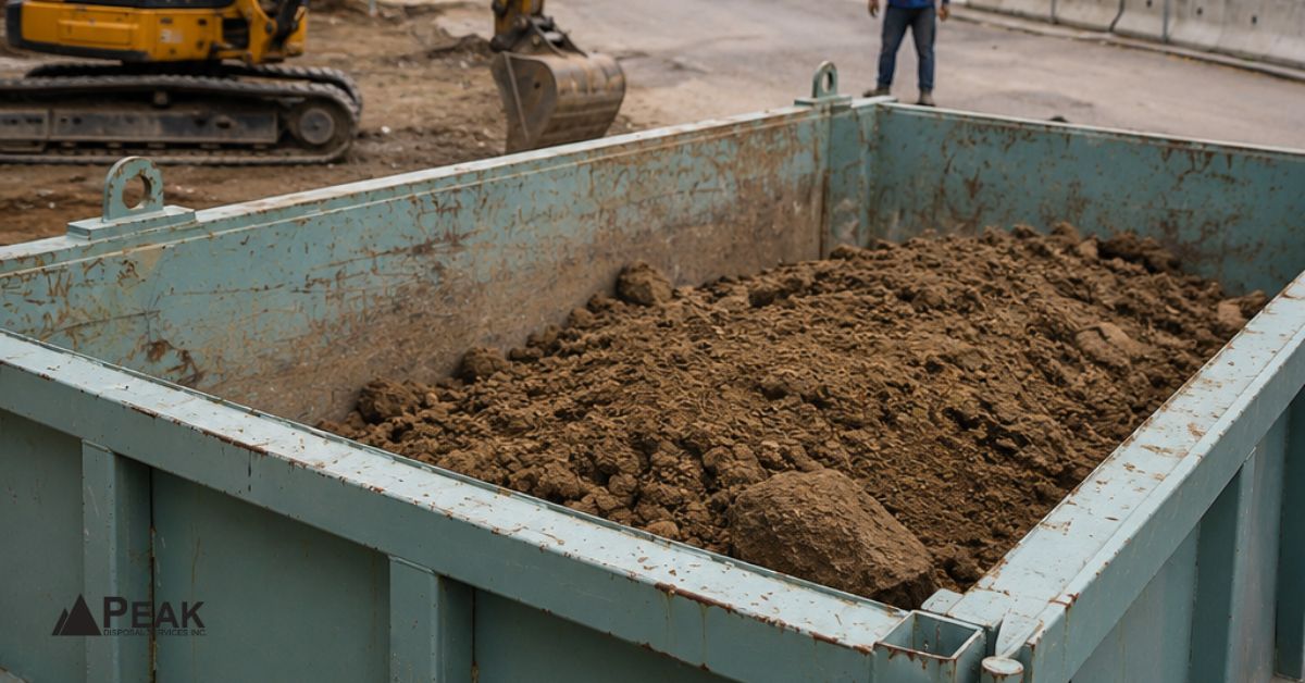 Construction supervisor reviews excavation plans beside partially filled soil dumpster, excavator, and separated debris pile.